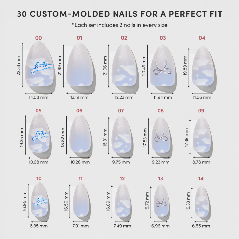 The Cinnamoroll™ French Tip by glamnetic features a size chart with 15 almond press-on nail sizes, showing width and length in millimeters. Each transparent blue nail includes decorative white clouds. - Product image