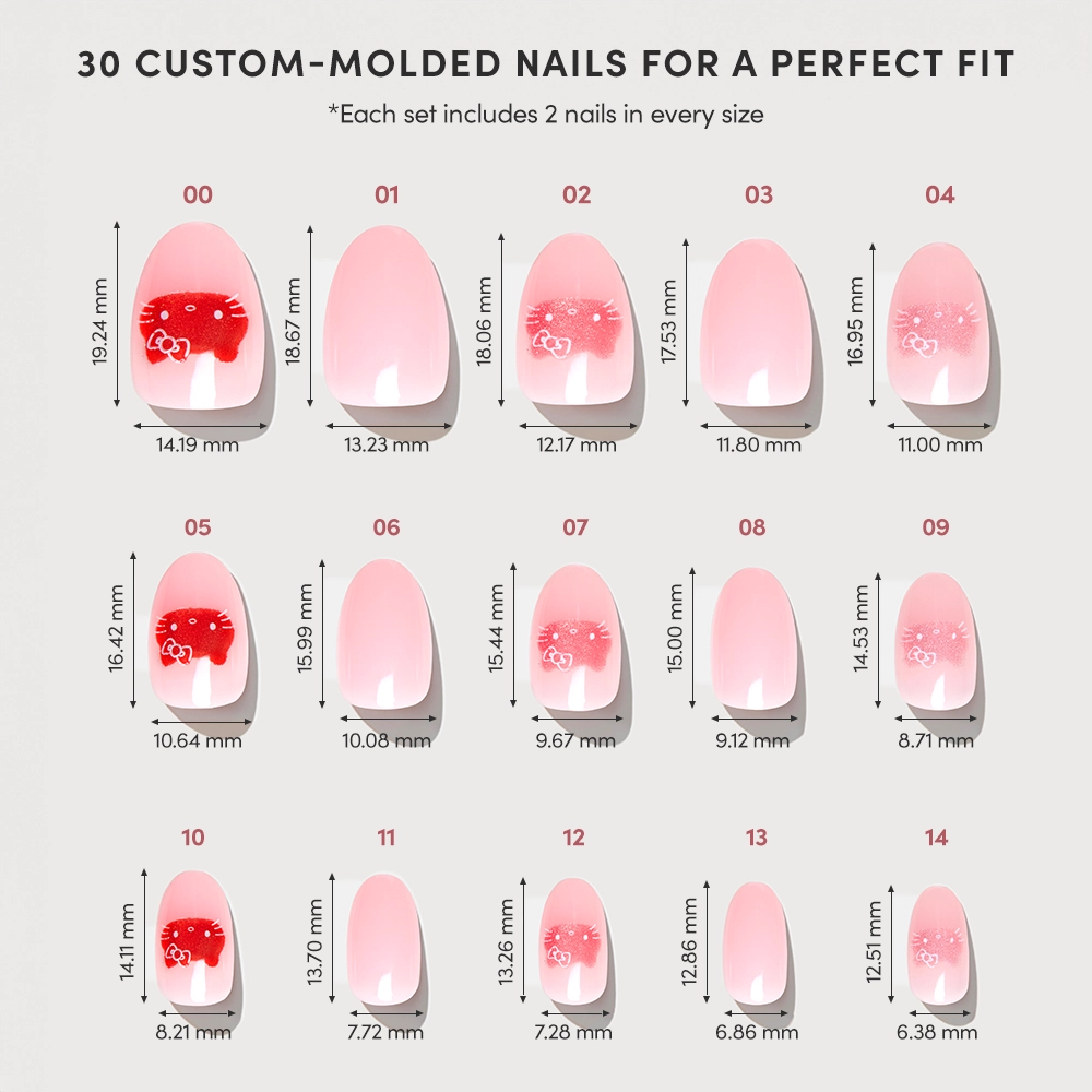 A chart displays 15 sizes of pink, custom-molded oval Glamnetic Hello Kitty® press-on nails with white and red designs. Arranged by size in two rows, each set includes measurements and comes with 30 nails. - Product image