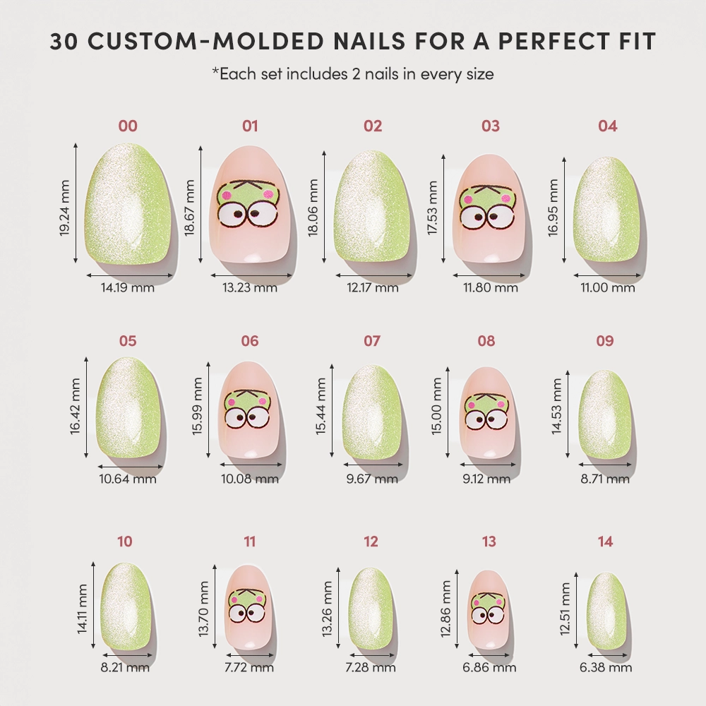A chart displays 15 sizes of glamnetic's Keroppi™ custom-molded nails, labeled 00–14, each with length and width measurements. Some nails feature playful pink, green, and white Sanrio cartoon faces for a cute touch. - Product image