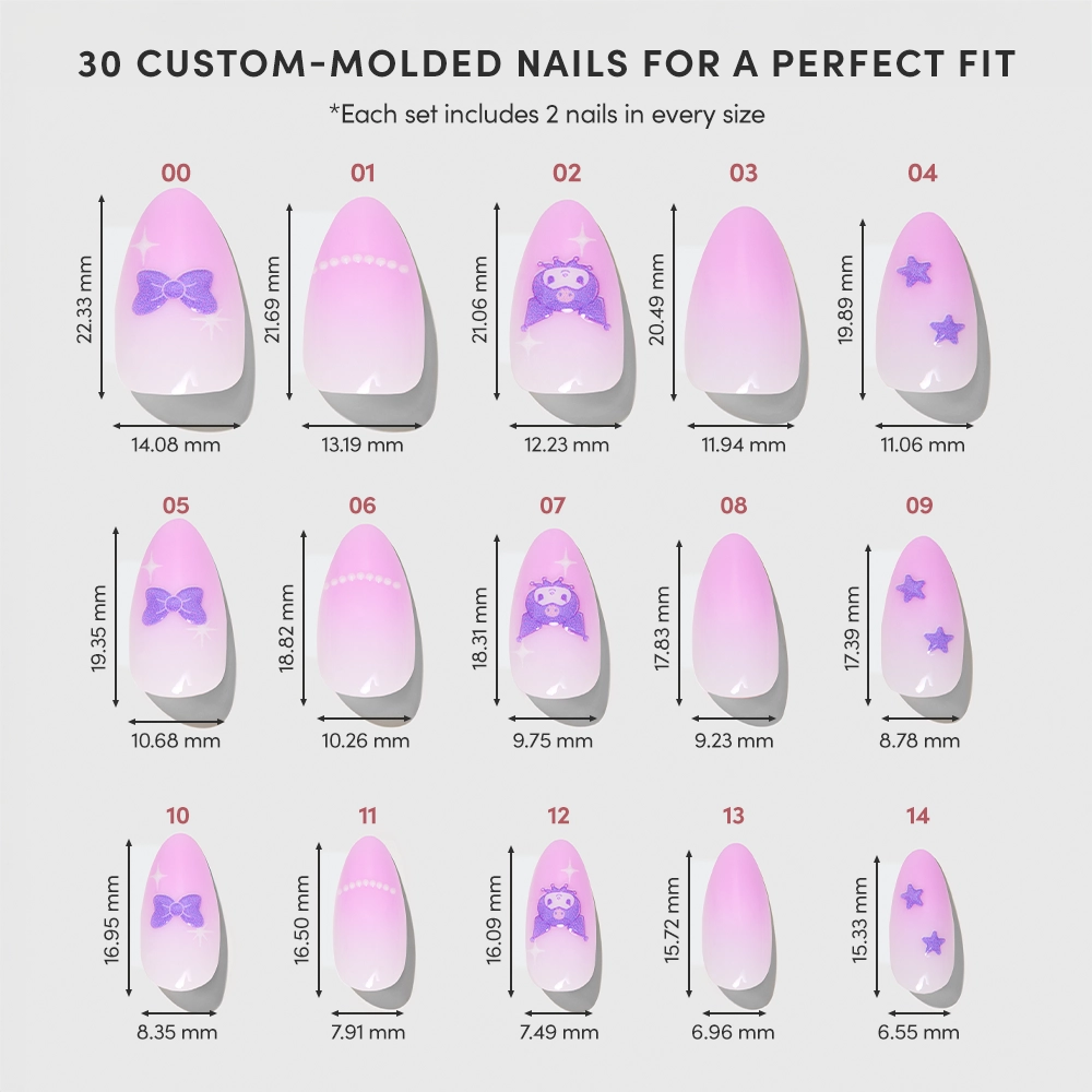 A chart displays 15 sizes of glamnetic Kuromi™ pink custom-molded fake nails with white tips, some featuring bows, stars, or cartoon faces in 3D designs. Each short almond nail is labeled with width and length in millimeters. - Product image