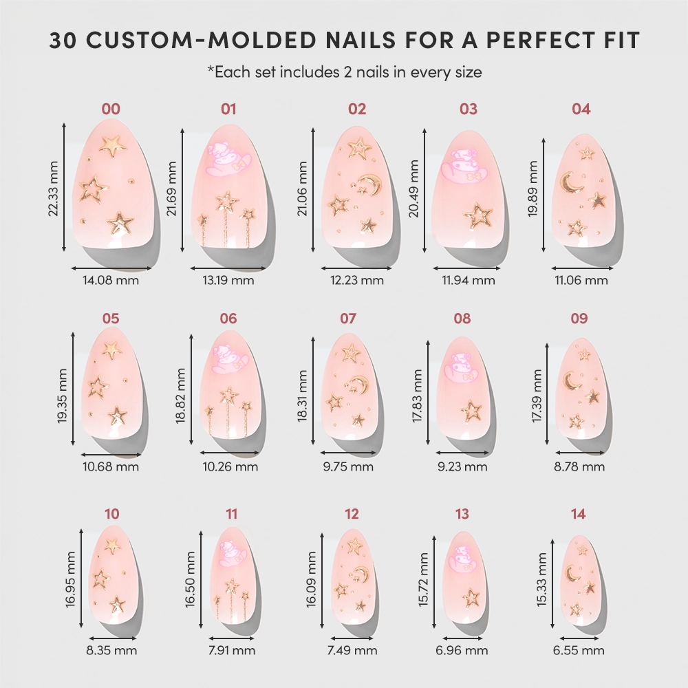 A chart displays 15 sizes of glamnetic's My Melody™ custom-molded almond nails, each with millimeter measurements and gold star and moon designs on a pink background. Each set contains 2 nails per size. - Product image