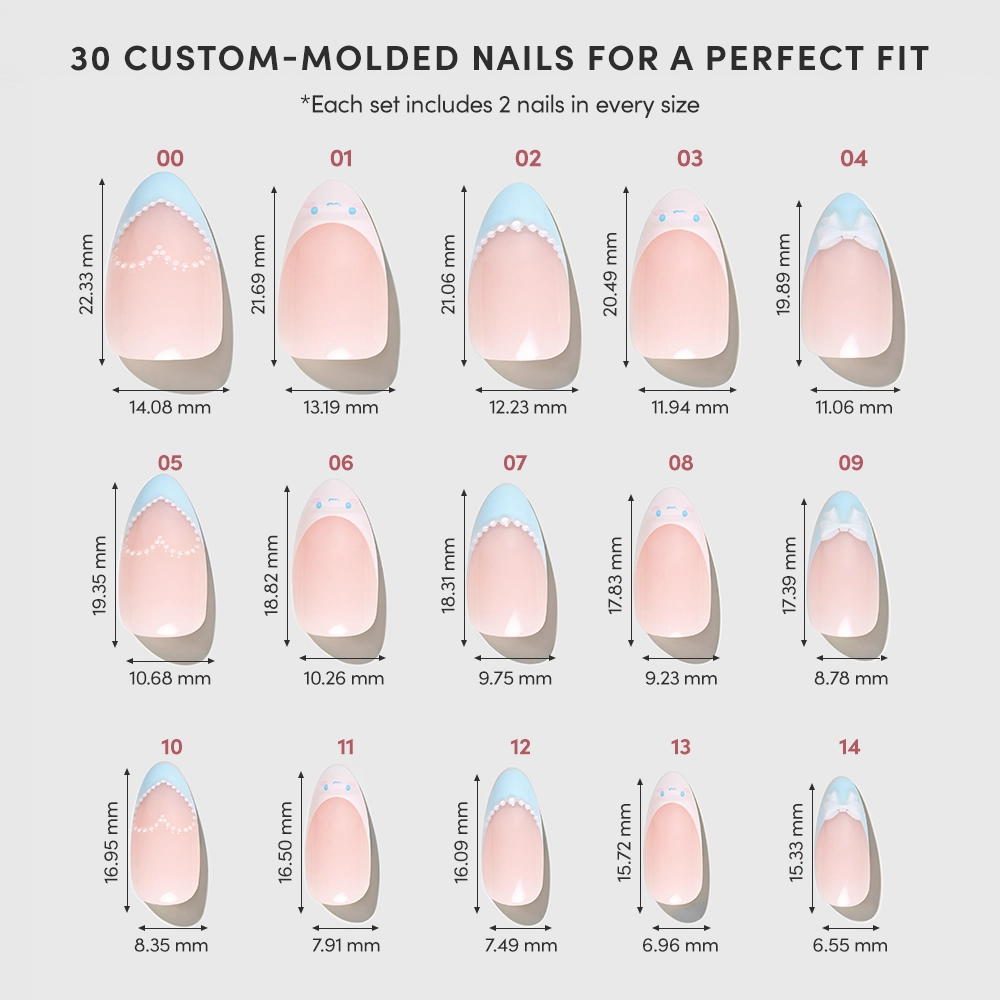 Chart displaying 15 custom-molded short almond nails from the glamnetic Cinnamoroll™ Cloud set, numbered 00–14. Each nail is pink/blue with a velvet finish, and length/width measurements in millimeters are listed below each nail. - Product image