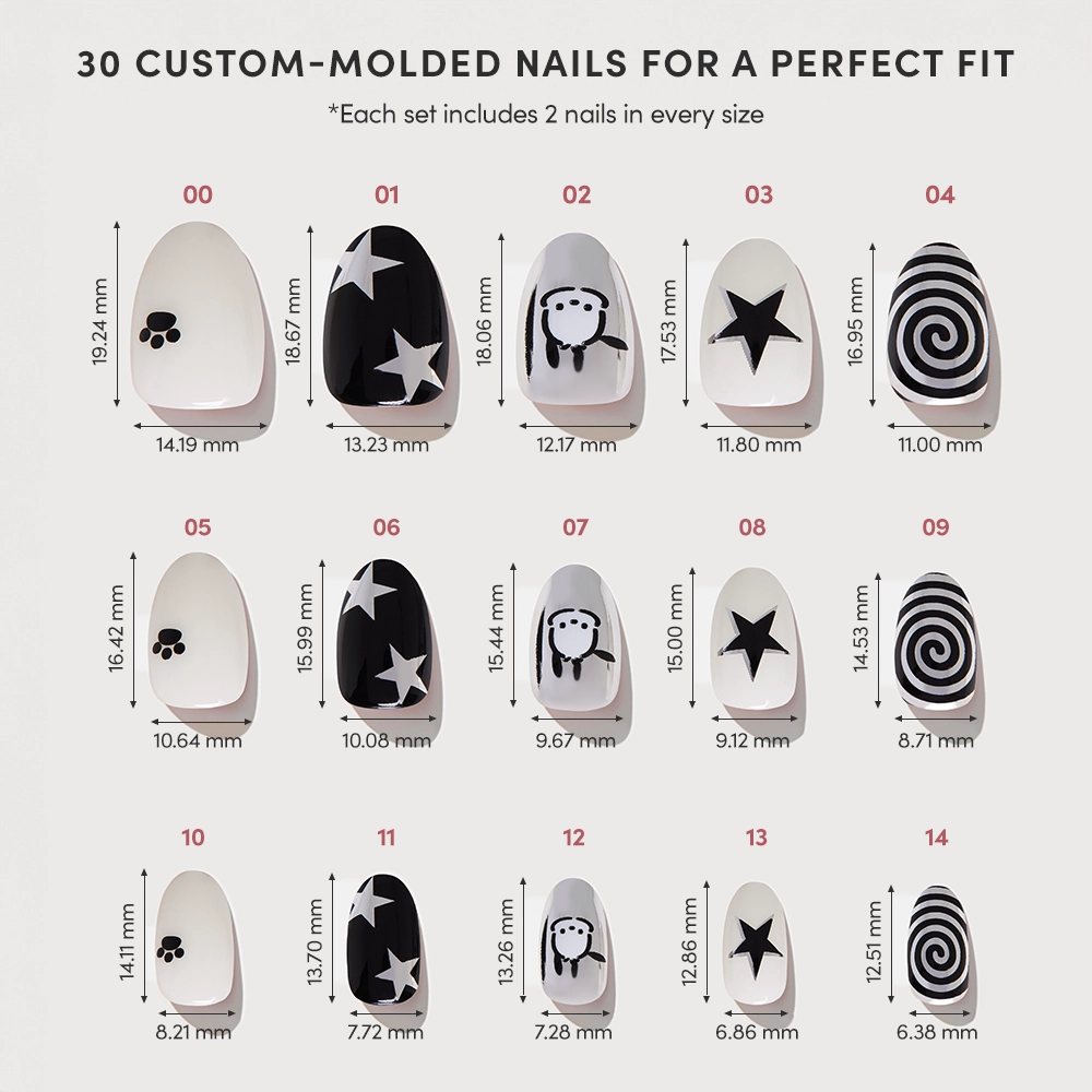 The glamnetic Pochacco™ Nail Set includes 15 custom-molded black and white short oval nails in various sizes, each with unique designs—stars, monkey faces, spirals, paw prints—and size labels in millimeters. - Product image