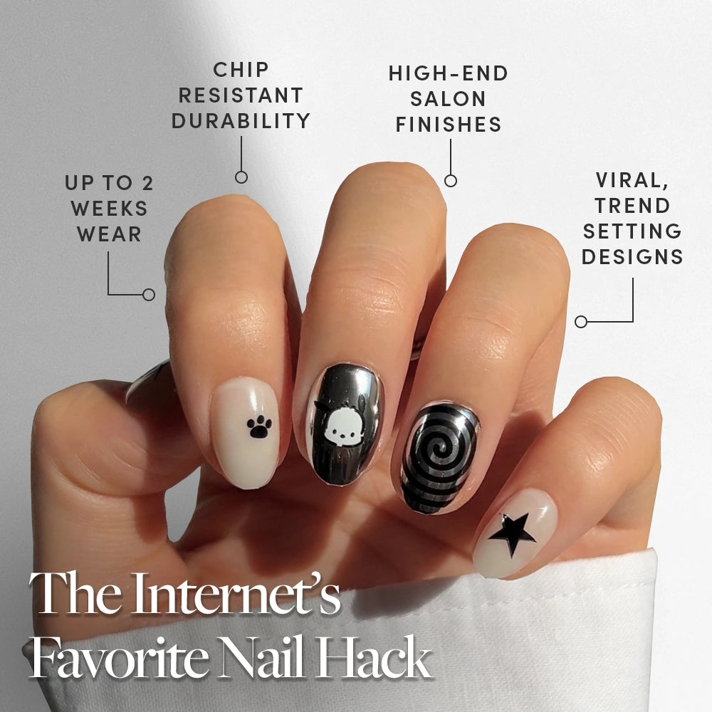 A hand with four short oval nails, each sporting a unique black-and-white paw print, cartoon face, spiral, and star. The Pochacco™ Nail Set by glamnetic delivers durable, salon-quality trendy nail art for every style lover. - Product image