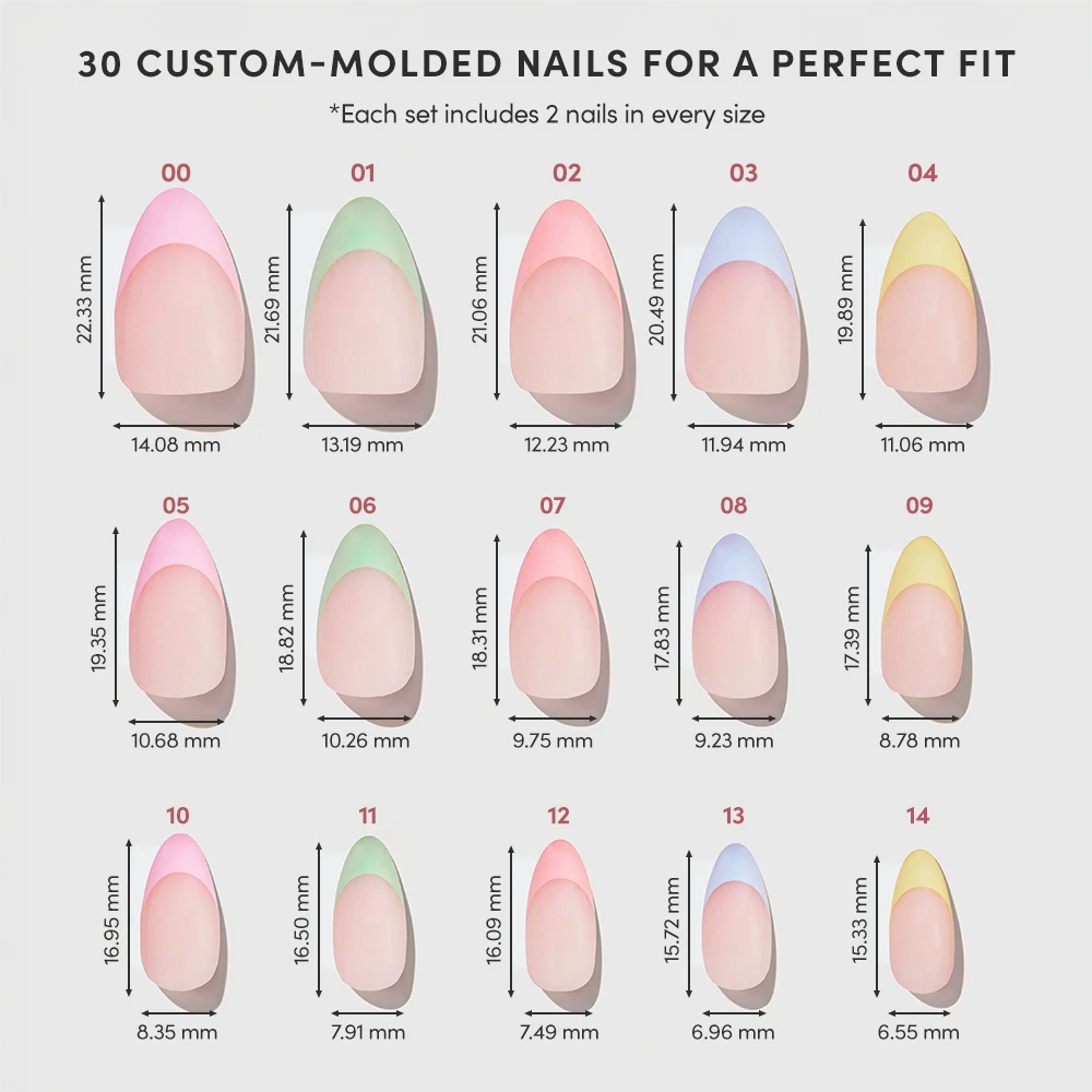 Illustration of glamnetic Confetti press-on nails in 15 custom-molded sizes (labeled 01–15) with length and width in mm, shown in pastel shades—ideal for short almond nails or pastel French tips—on a white background. - Product image