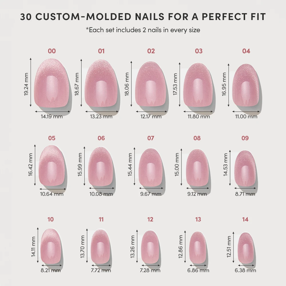 A chart displays 15 sizes of glamnetic’s Fairy Dust short oval pink nails, each labeled with width and length in mm for a perfect fit. Each set includes two custom-molded press-on nails per size. - Product image