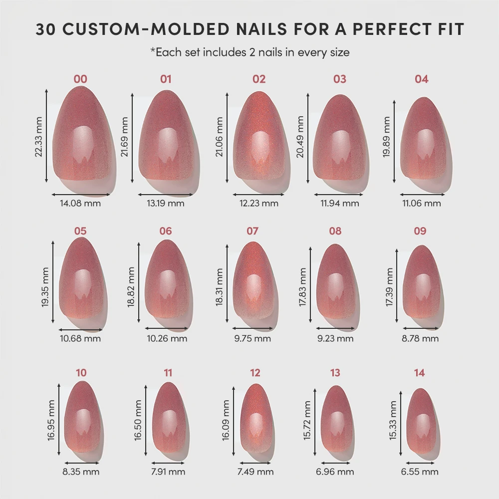 A chart displays 15 sizes of the glamnetic Rosé Nail Set—custom-molded, short almond nails in pink—each labeled with a number and length and width measurements (mm). - Product image