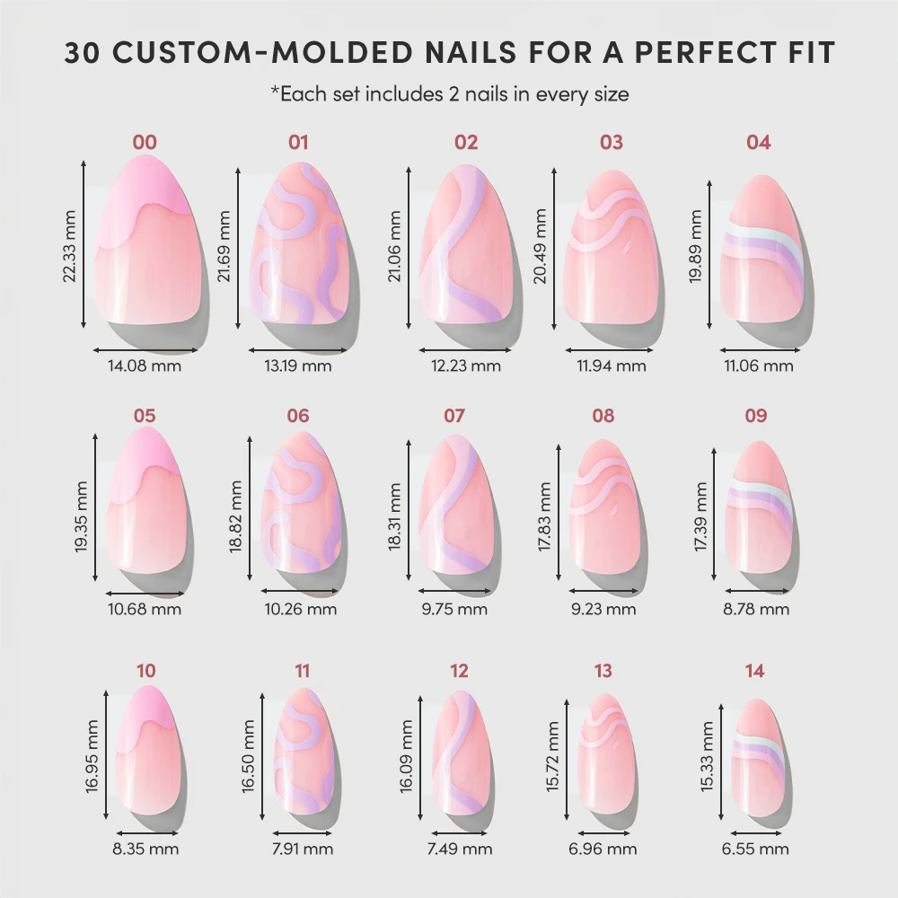 A chart shows 15 semi-transparent pink and purple swirl press-on nails from glamnetic’s Wild Card, each labeled with width and length in mm for custom fit. “30 custom-molded nails for a perfect fit” appears at the top. - Product image