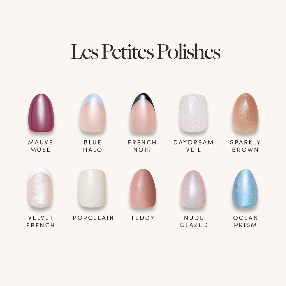 A display of ten Les Petites Polishes by glamnetic—including Mauve Muse, Blue Halo, French Noir, and more—each shade shown on a nail illustration for easy stick-on nails with no messy glue needed.