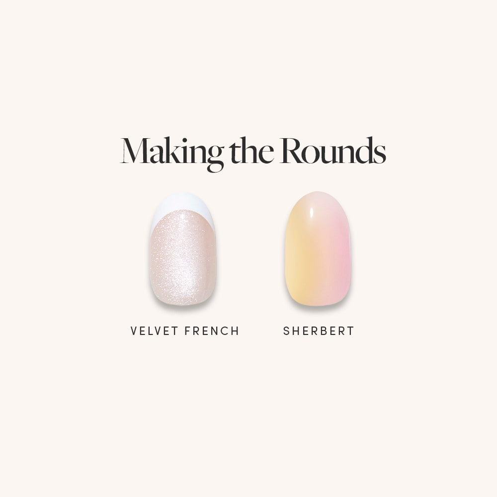 Two glamnetic press-on nails, "Making The Rounds," are displayed side by side on a light background. The left nail features a shimmery French tip; the right shows a soft yellow and pink gradient.