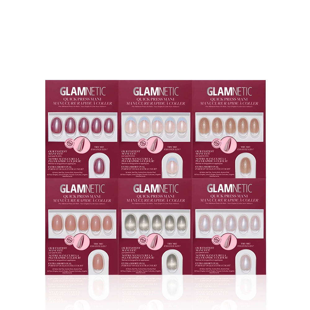 Six sets of glamnetic Oval & Out quick press manis in assorted nude and shimmery shades, each extra short oval set shown in its packaging against a white background. - Product image