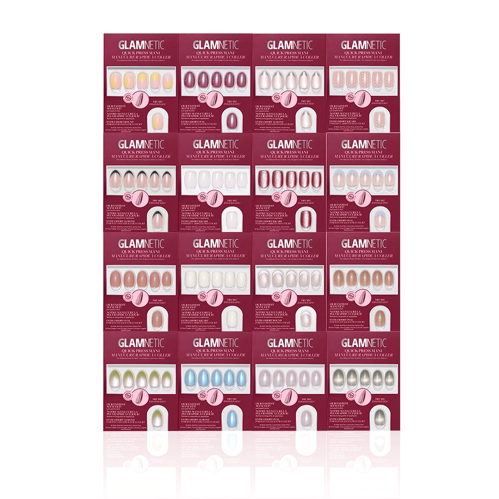 A 4x4 grid of sixteen glamnetic Quick Press Mani Collection packages, each showcasing different no-glue nail designs in pink and neutral tones, is arranged on a white background. - Product image
