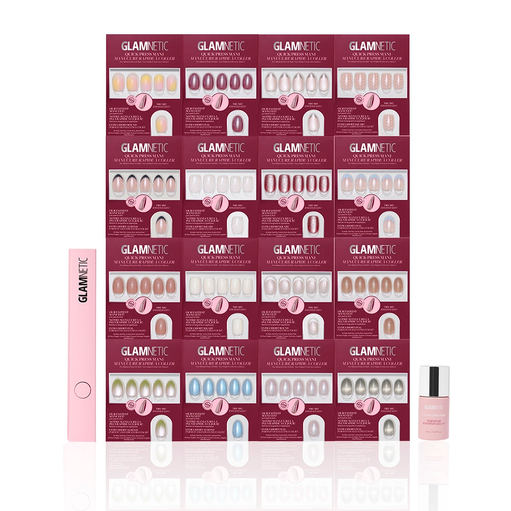 The Quick Press Mani Collection by glamnetic features press-on nails in assorted colors and styles, displayed in individual packages. A pink nail file and glue are included for easy, flawless stick-on nails at home. - Product image