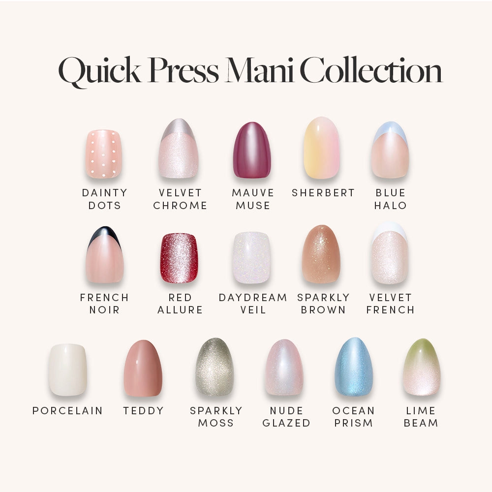 A display of 15 glamnetic Quick Press Mani Collection stick-on nails, arranged in three rows and labeled with names like Dainty Dots, Velvet Chrome, Mauve Muse, Sherbert, Blue Halo, and more.