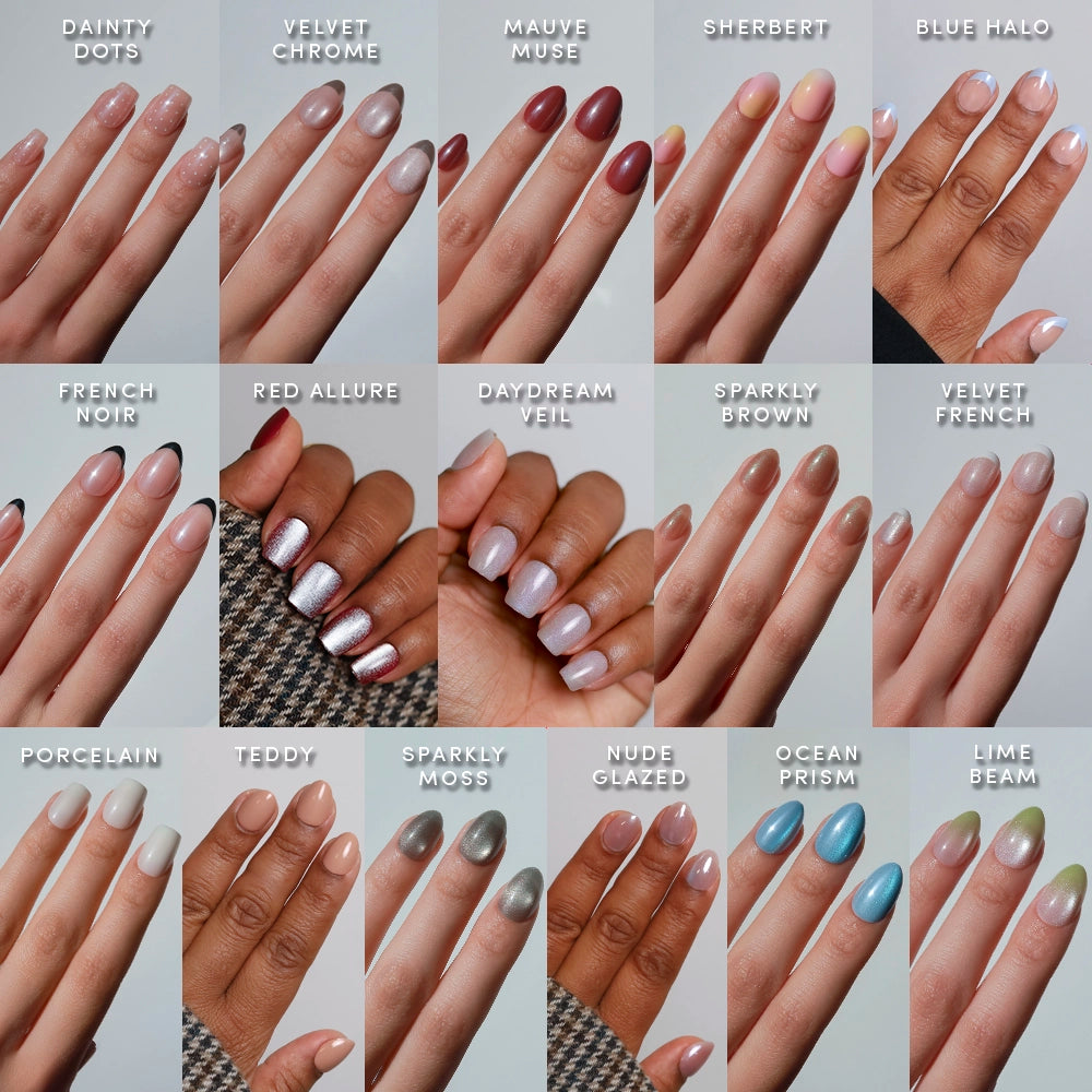 A collage of manicured hands displays glamnetic's Quick Press Mani Collection—Dainty Dots, Velvet Chrome, Mauve Muse, Sherbert, Blue Halo—showcasing press-on nails in both neutral and vibrant shades for instant style changes.