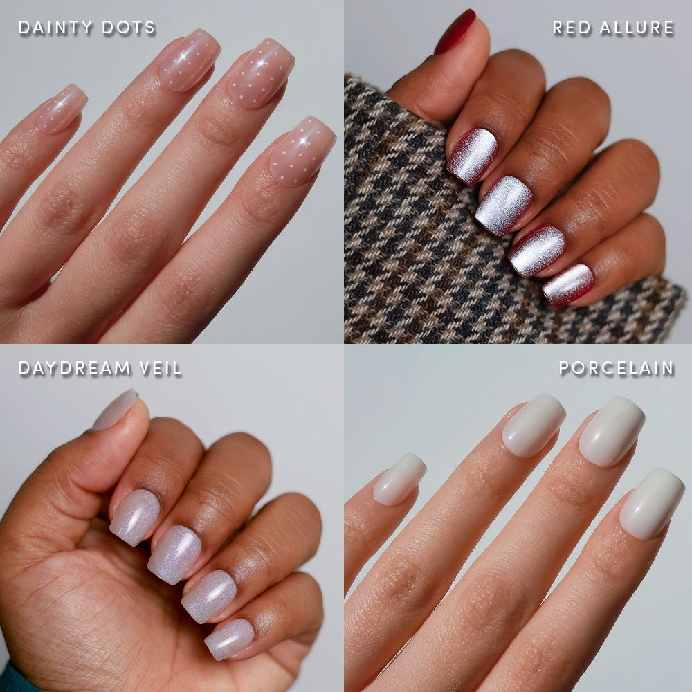 A collage of four images displays manicured hands wearing glamnetic Square Shorties: sheer pink with white dots, metallic red, shimmery pale pink, and glossy off-white styles. Each look is labeled in white text.