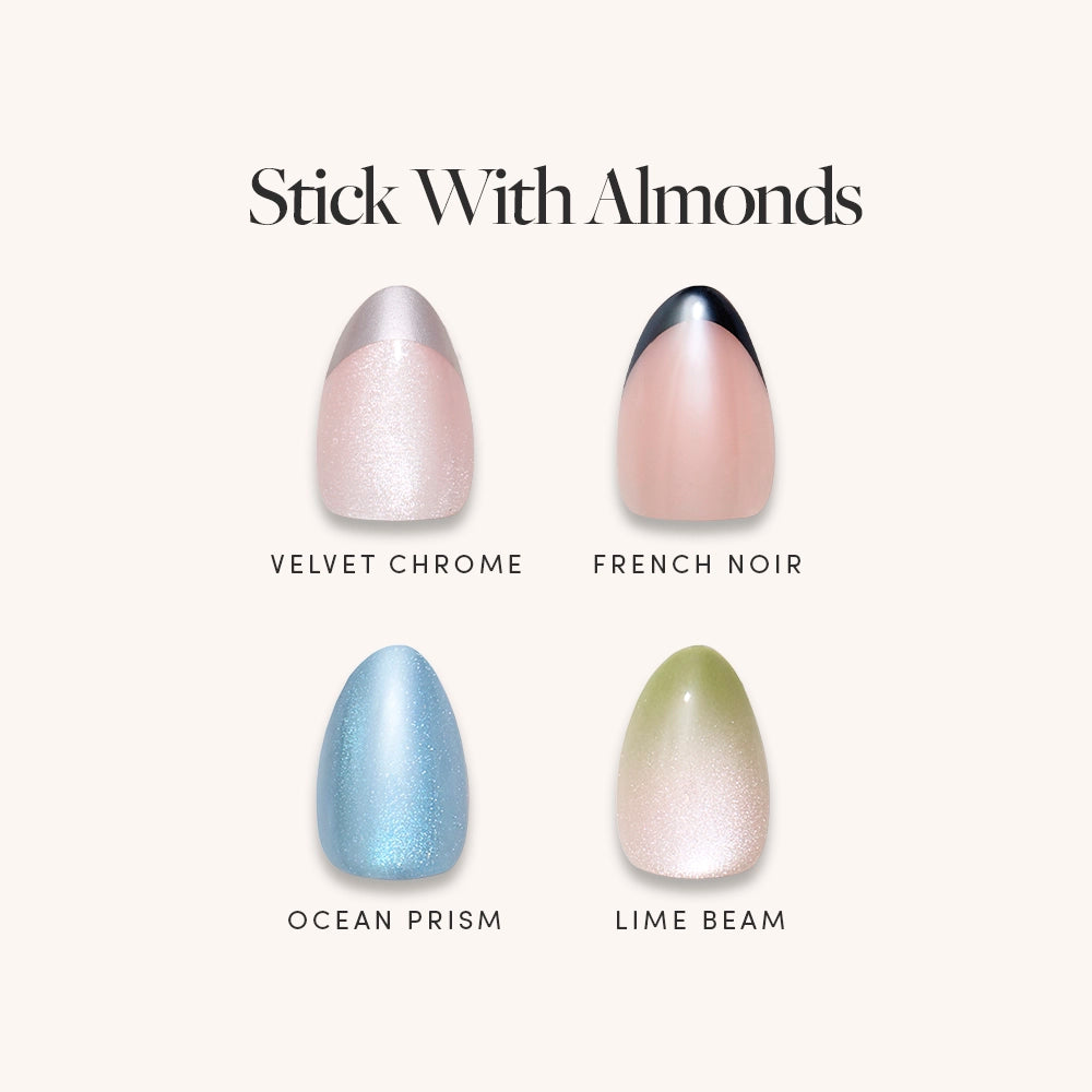 The glamnetic Stick With Almonds set features four extra short almond nails: Velvet Chrome (pink with chrome tip), French Noir (nude with black tip), Ocean Prism (shimmery blue), and Lime Beam (pale green shimmer). Easy, stylish stick-ons.