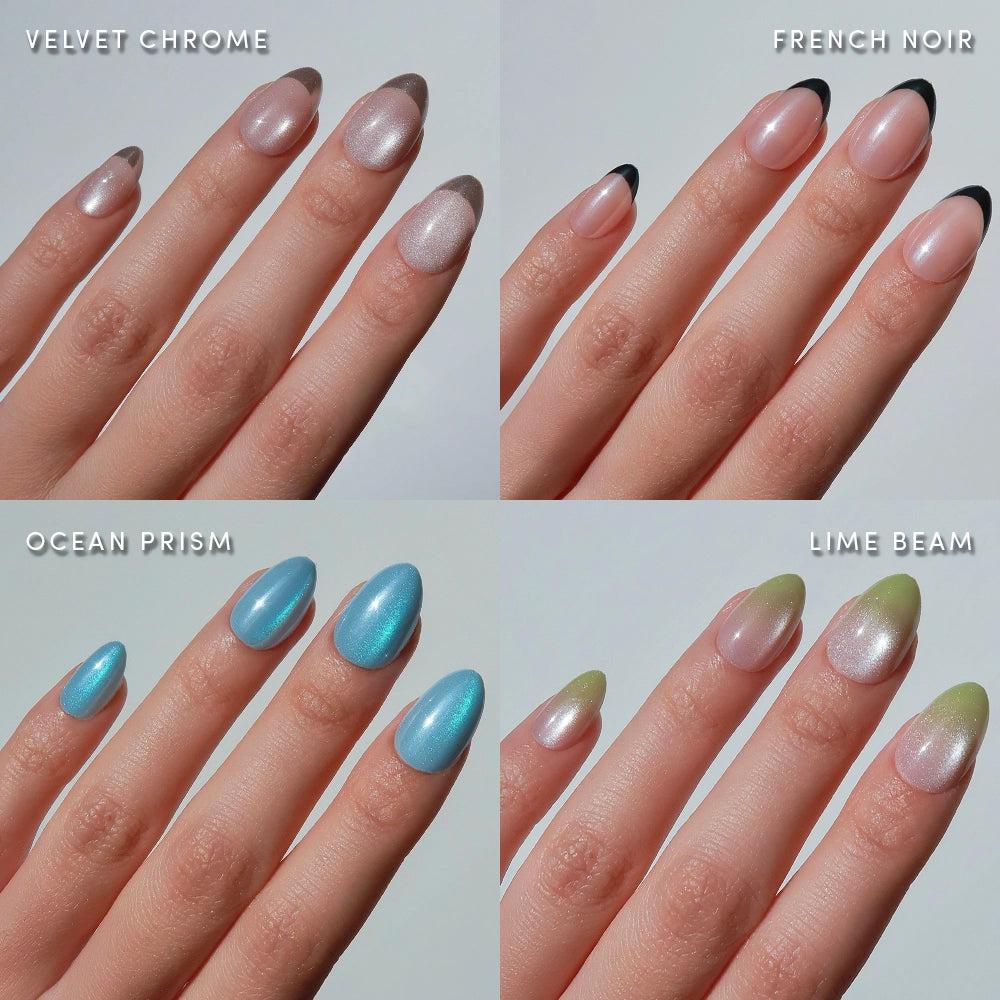 A collage of four manicured hands wearing glamnetic’s Stick With Almonds: extra short almond stick-on nails in Velvet Chrome, French Noir, Ocean Prism, and Lime Beam designs.