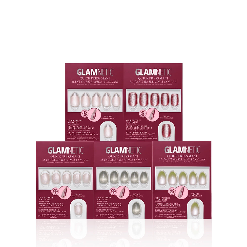 Five sets of Glamnetic’s "The Velvet Shortcuts" press-on nails are arranged in two rows on a white background, each in maroon packaging with windows showing the no-glue nails inside. - Product image
