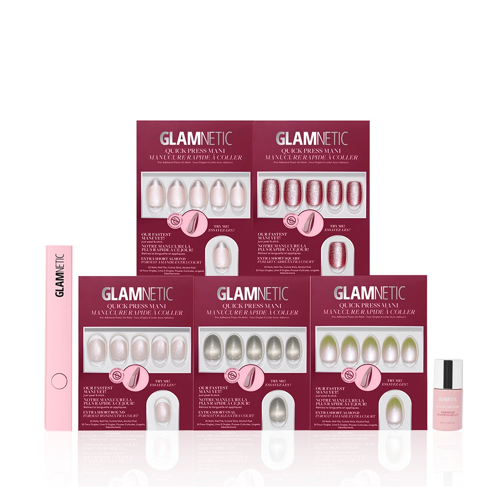 Five sets of glamnetic The Velvet Shortcuts press-on nails in pastel shades are arranged in two rows, with a pink nail file and nail glue up front—everything you need for flawless at-home stick-on nails. - Product image