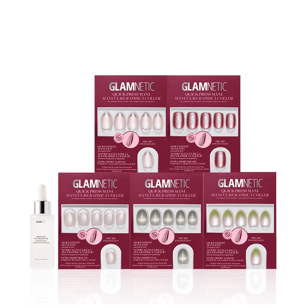 Five boxes of glamnetic's The Velvet Shortcuts press-on nails are arranged in two rows behind a bottle of glamnetic nail care serum with a dropper, all displayed against a white background for the perfect no-glue nails look. - Product image