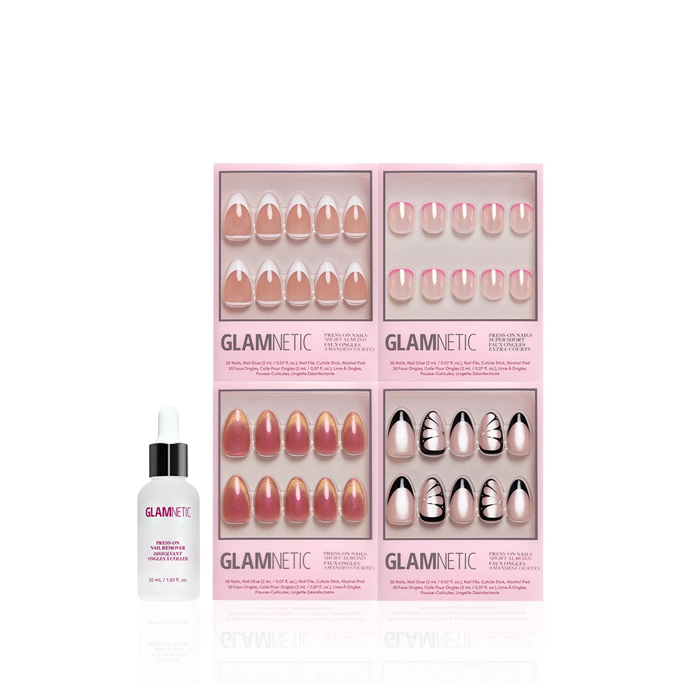 The French Connection bundle by glamnetic includes four boxes of pink and nude press-on nails with modern designs, such as French tips, shown above a Glamnetic nail glue dropper bottle on a white background. - Product image