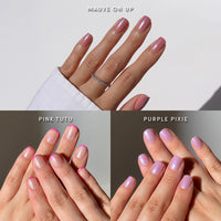 A collage shows The Short List by glamnetic: short squoval nails in Mauve On Up (top), Pink Tutu (bottom left), and Purple Pixie (bottom right)—perfect natural spring manicures.