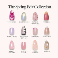 A set of 12 luminous nails from glamnetic’s The Spring Edit Collection, featuring shimmery designs like Rosy Siren, Silver Siren, Cute as Cherry Pie, Starbeam, Purple Pixie, Butterfly Effect, Pink Tutu, and more.