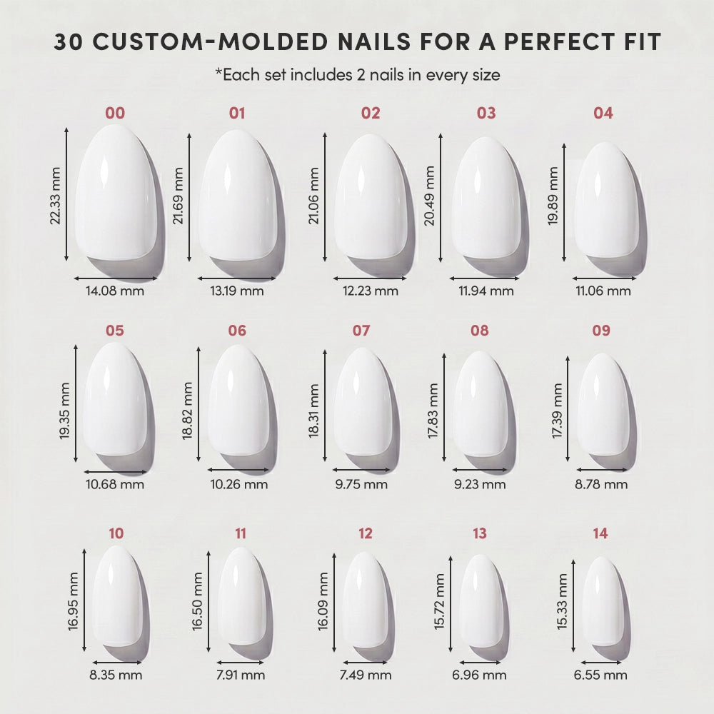 Chart displaying 15 sizes of glamnetic’s Angel custom-molded press-on nails, each size featuring two white nails in rows, with length and width in millimeters shown below for a perfect fit. - Product image