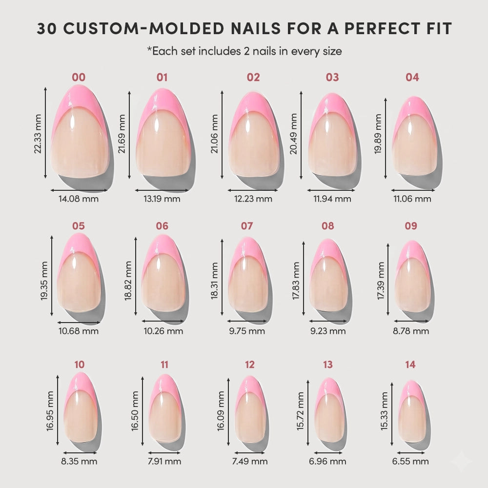 Image showing 15 sizes of glamnetic Bubble Gum Glaze short almond press-on nails, each numbered with width and length in millimeters. Above, the text reads “30 Custom-Molded Nails for a Perfect Fit.”. - Product image