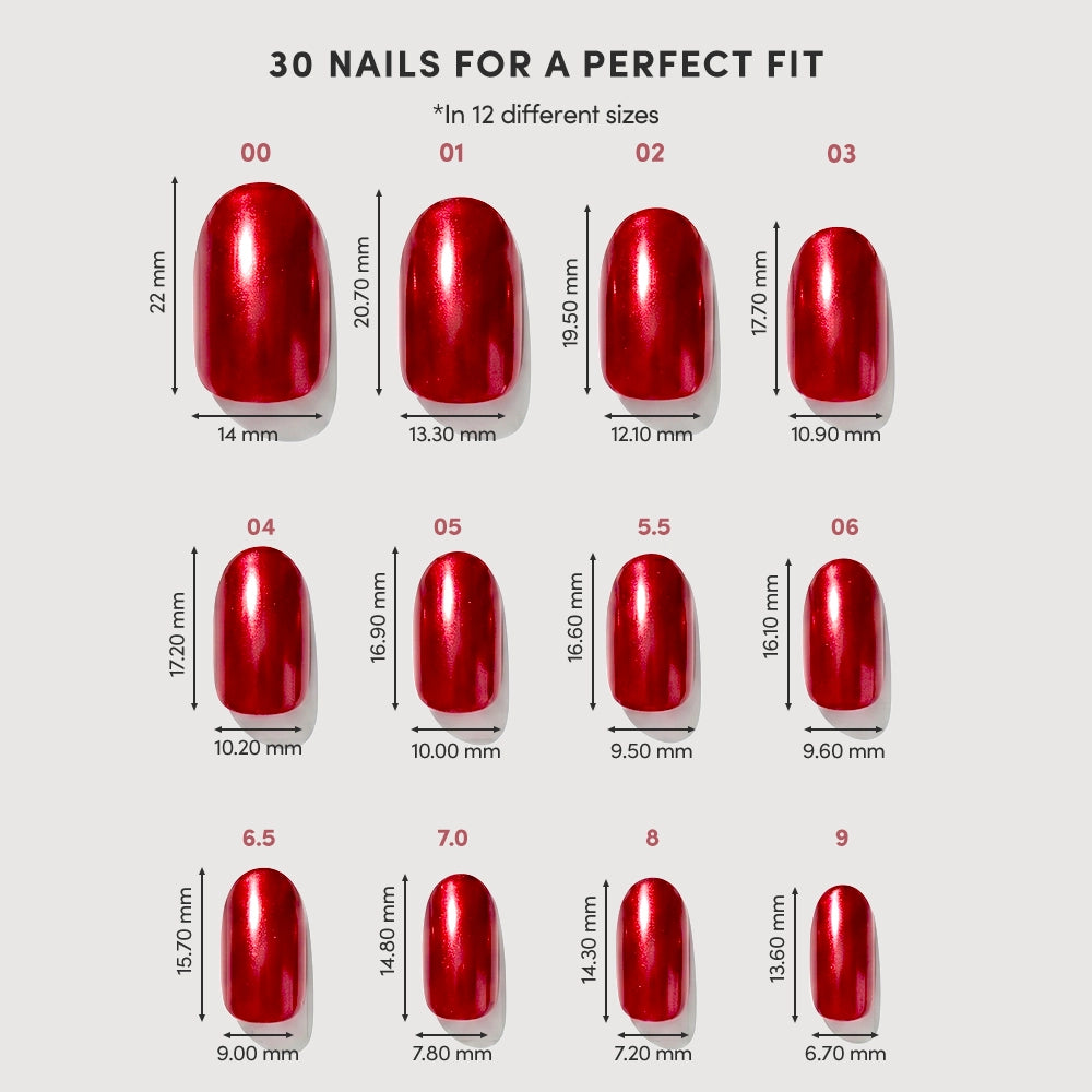 Cherry Glaze by glamnetic features 12 red short round nails in assorted sizes, labeled 00-9 with millimeter length and width to help you select the ideal fit from the 30-piece press-on nail set. - Product image