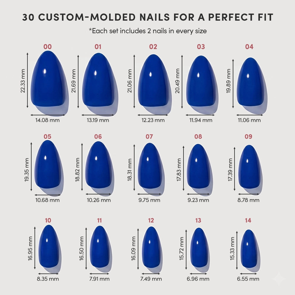 A chart shows 15 sizes of glamnetic Cobalt Blue nails, each with width and length in millimeters. Two nails per size offer a perfect fit for various nails—ideal for summer looks and short almond press-on styles. - Product image