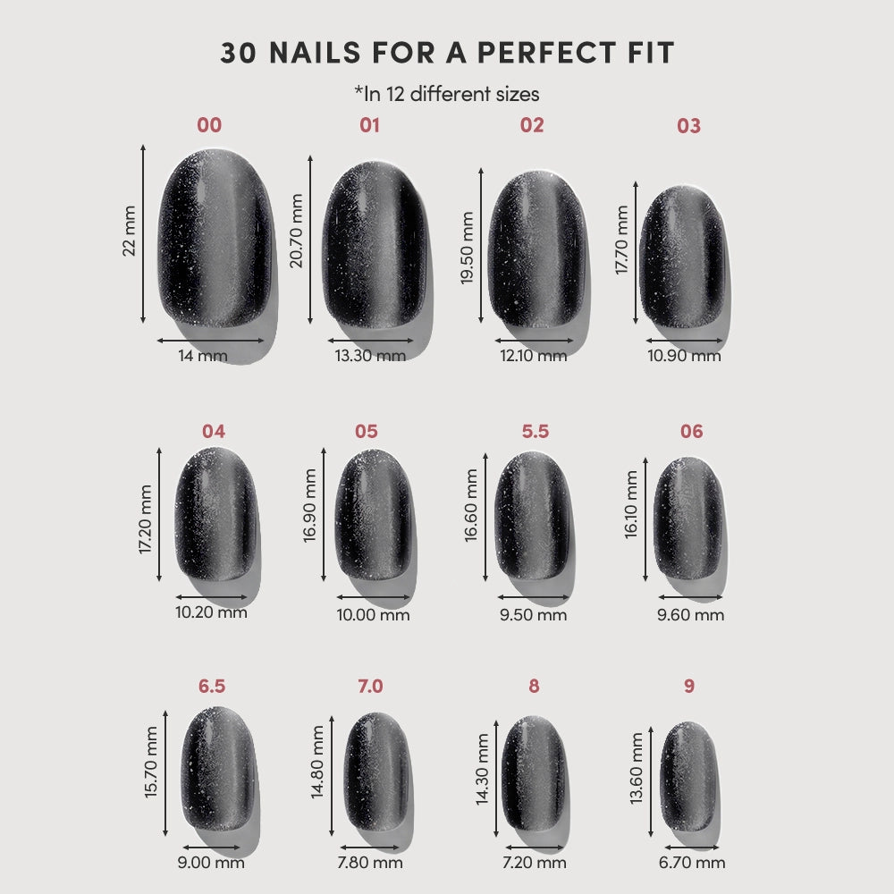 A chart displays 12 oval-shaped Galactic press-on nail sizes by glamnetic, labeled with widths and lengths from 22mm x 14mm to 13.70mm x 8.60mm. Text reads: "30 Nails for a Perfect Fit. - Product image