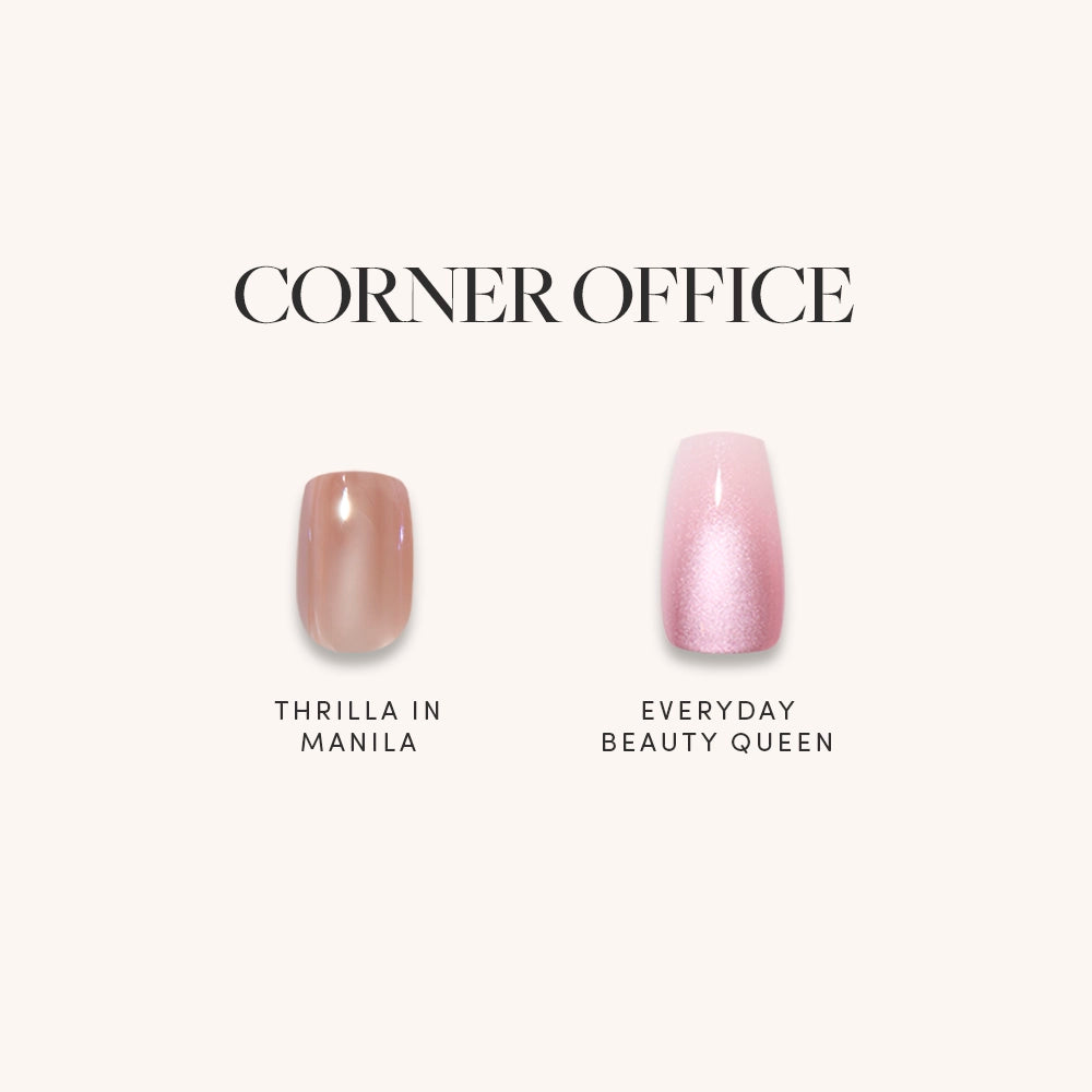 Under the heading “CORNER OFFICE” by glamnetic, two nail polish swatches—“Thrilla in Manila” (nude) and “Everyday Beauty Queen” (shimmery pink)—are shown, perfect for elevating your squoval nails on a light background.