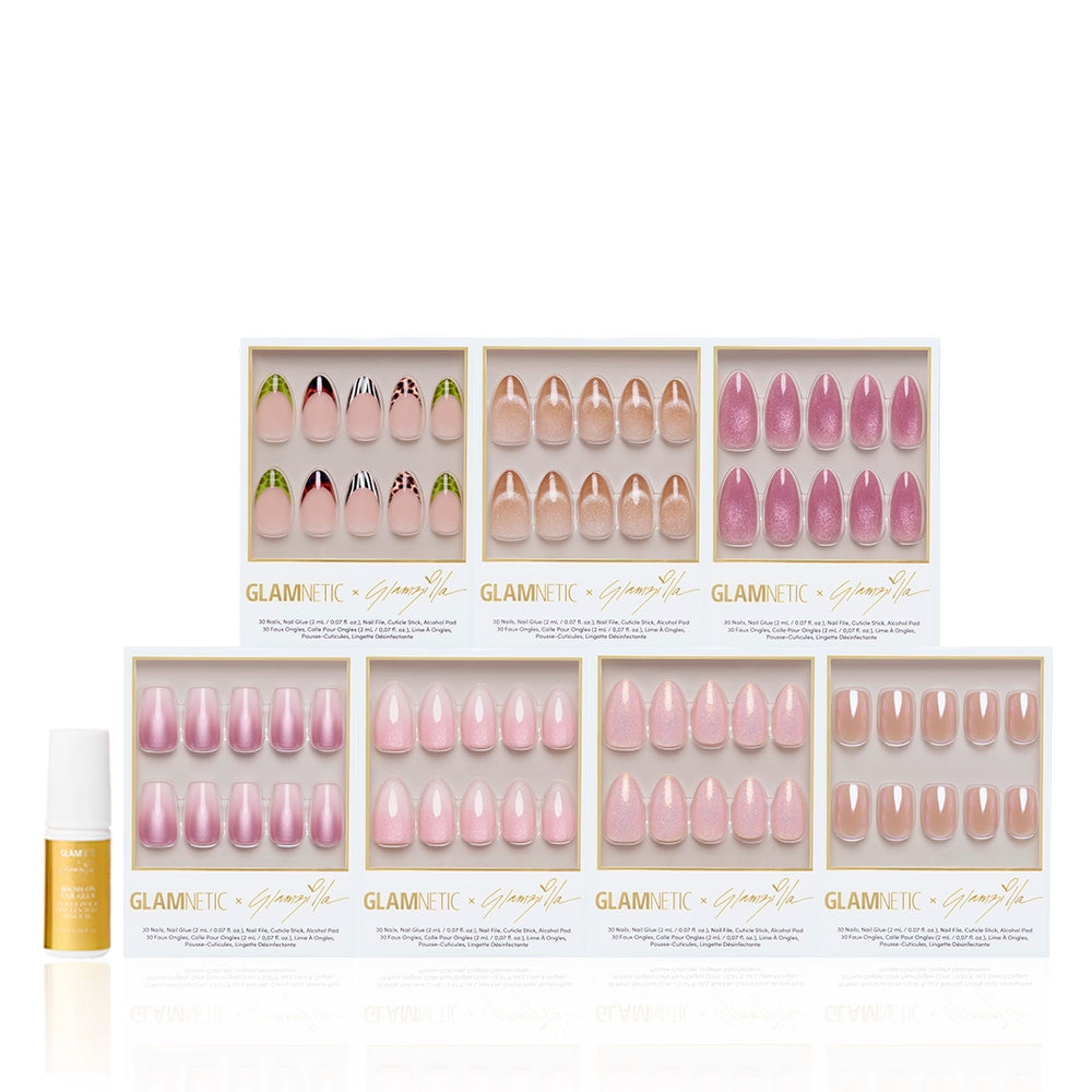 GLAMSQUAD FOREVER Collection - Seven sets of almond-shaped GLAMSQUAD FOREVER Collection press-on nails in various pink, glitter, and patterned designs, accompanied by a small bottle of nail glue for salon-quality results.
