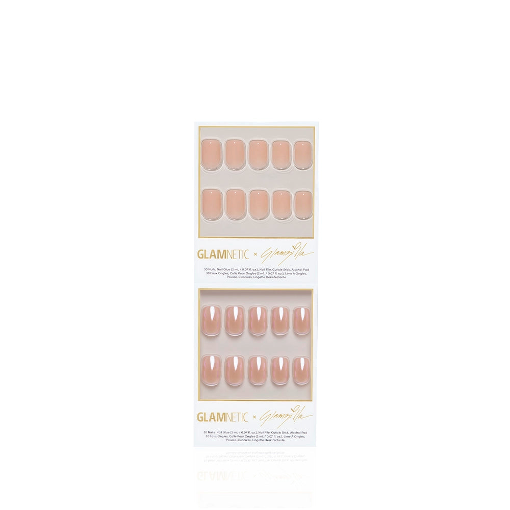 Two packs of glamnetic IN THE NUDE short squoval press-on nails, each with ten nude pink nails in two rows, shown on a white background. - Product image