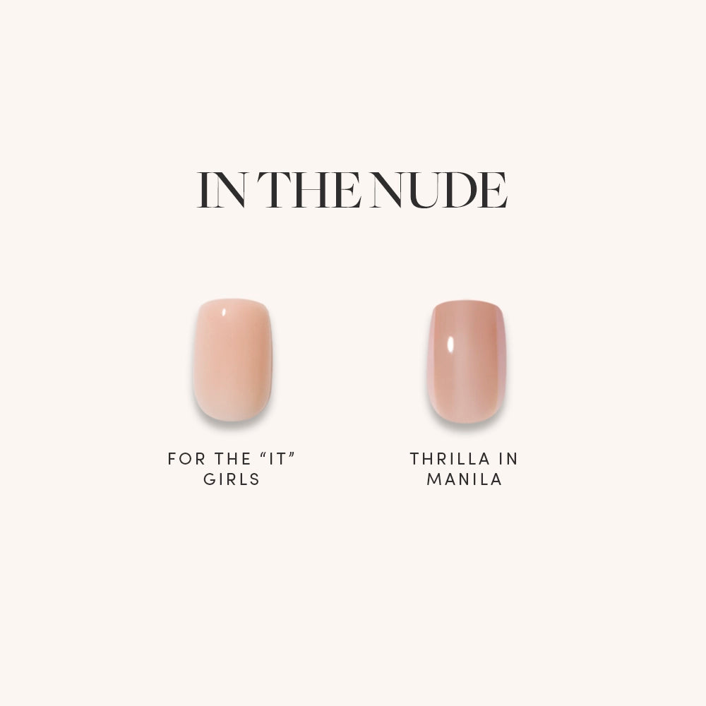 IN THE NUDE by glamnetic: Two short squoval press-on nail shades on a light background—left is pale nude "For the It Girls," right is deeper nude "Thrilla in Manila.