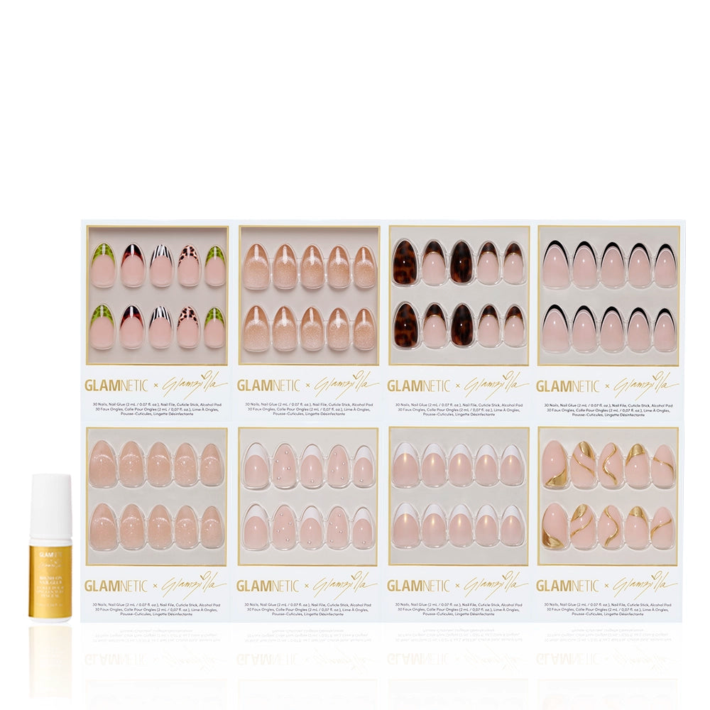 The LA RICH BI$H press-on nail set by glamnetic features French tip and nude designs in a multi-compartment box, with a small bottle of nail glue placed on the left. - Product image