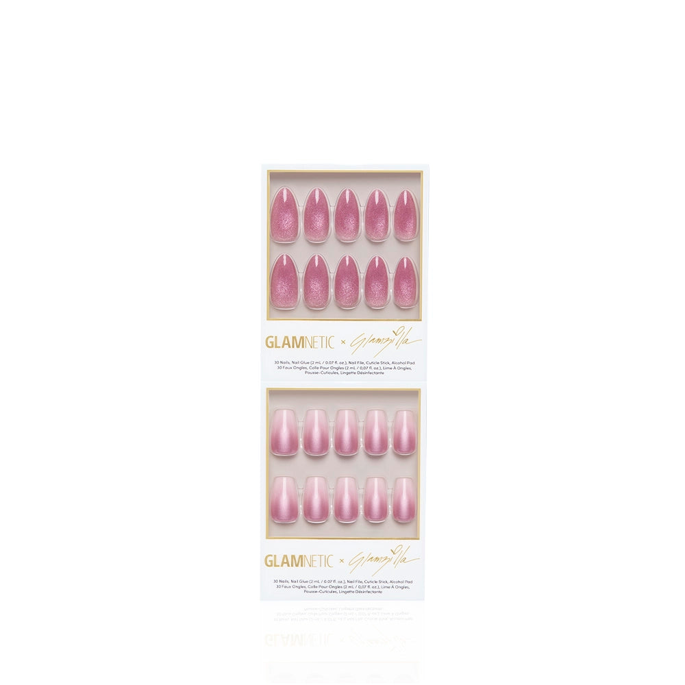 Two sets of pink press-on nails in a rectangular box. One features mauve almond nails, the other pink ombré. Each is labeled "glamnetic MEDIUM RARE" and comes in white packaging with gold and pink accents. - Product image