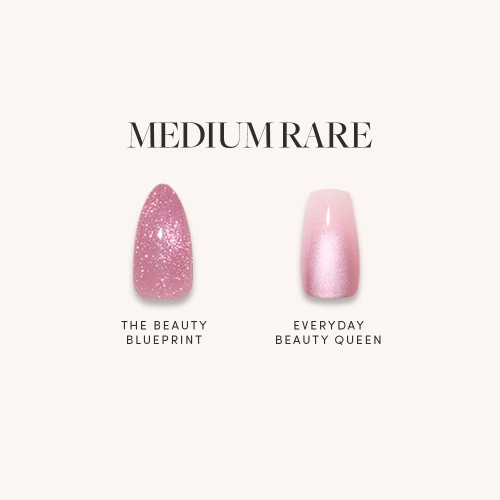 Two pink nail polish swatches—The Beauty Blueprint (sparkly rose pink) and Everyday Beauty Queen (shimmery pale pink)—from glamnetic's MEDIUM RARE set are shown, perfect for creating pink ombré nails, on a light background.