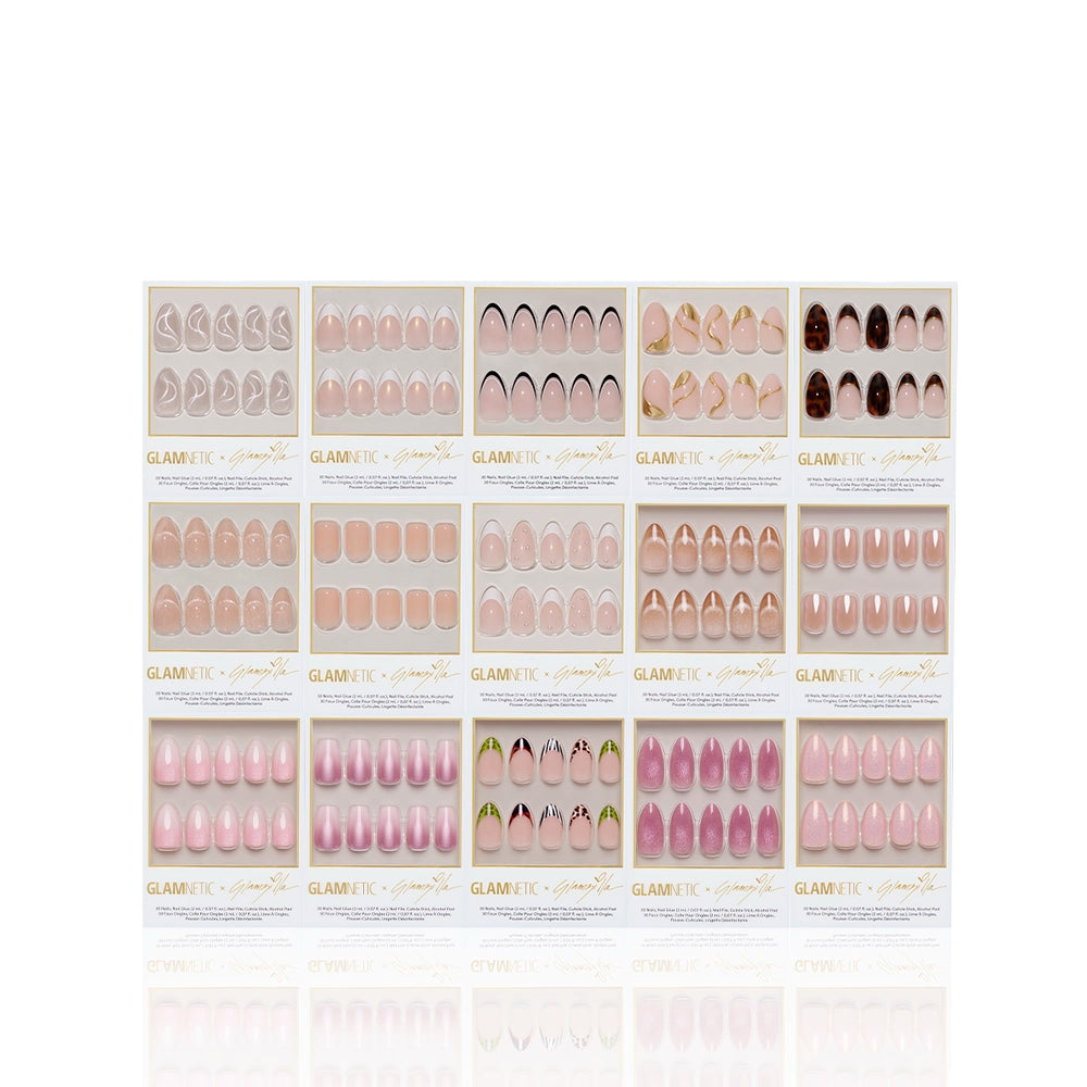 Sixteen sets of glamnetic press-on nails, including THE COMPLETE ZILLA, are neatly arranged in four rows in their packaging against a white background. - Product image