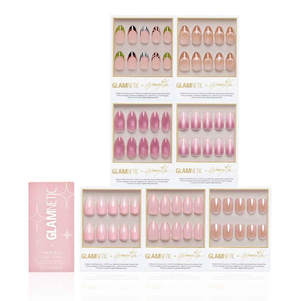 GLAMSQUAD FOREVER Collection - Eight sets of GLAMSQUAD FOREVER Collection almond press-on nails in various pink, glitter, and patterned finishes, accompanied by a box of adhesive nail tabs.