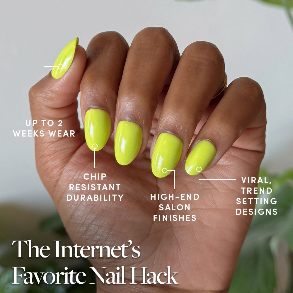 A hand with bright Lime Green glamnetic nails, shaped in short oval press-ons, is shown. Labels highlight up to 2 weeks wear, chip-resistant durability, salon-quality finish, and viral designs. Text: The Internet’s Favorite Nail Hack. - Product image