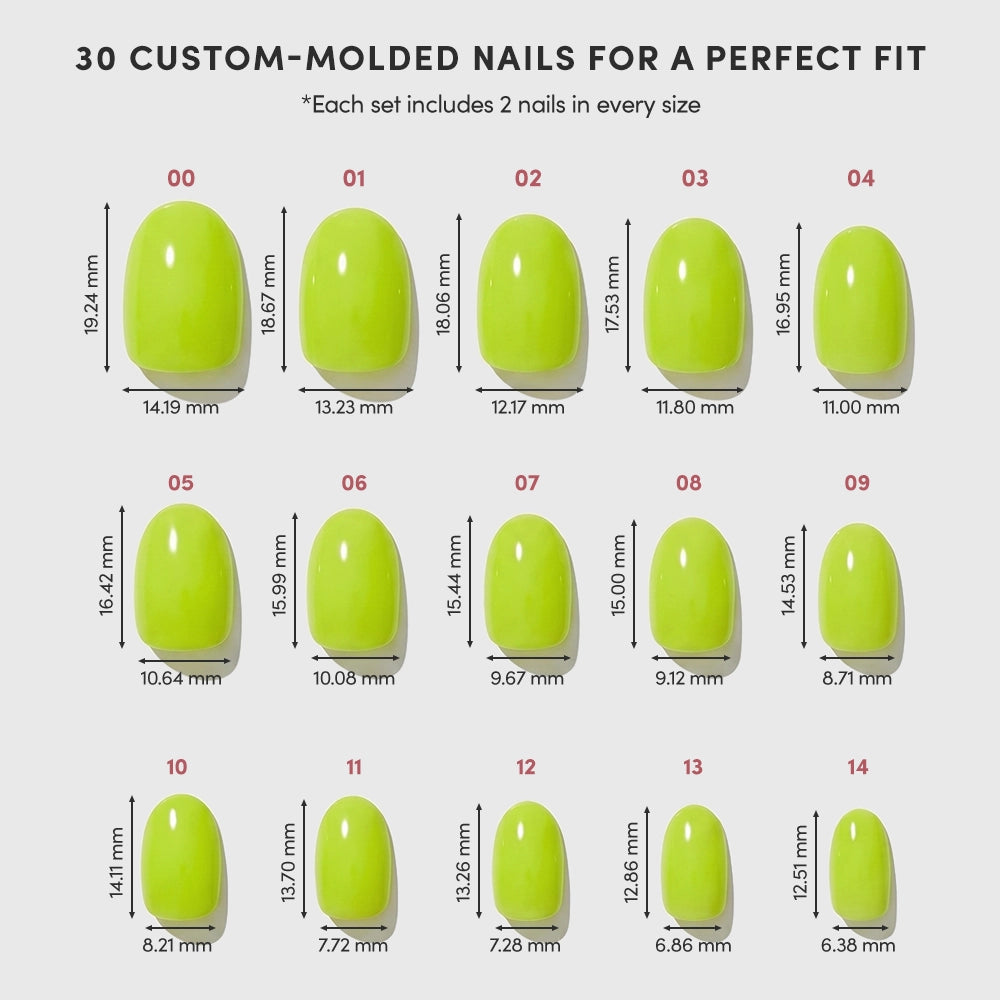 A display of 15 glamnetic Lime Green vegan, cruelty-free press-on nail sizes, each labeled with millimeter length and width, arranged in three rows beneath text describing the set. - Product image