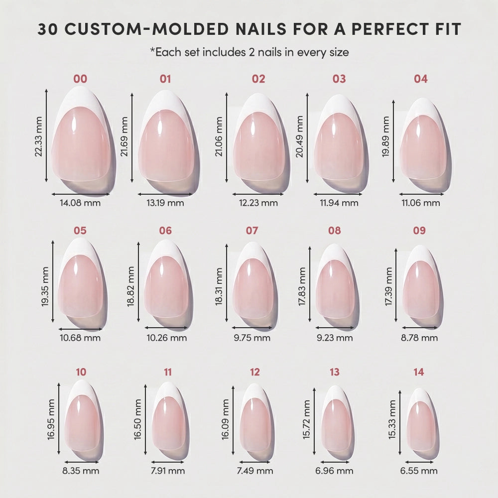 A chart for the Ma Damn press-on nails by glamnetic shows 15 custom sizes (00–14), each labeled with length and width in millimeters, arranged in two rows for a perfect fit. - Product image