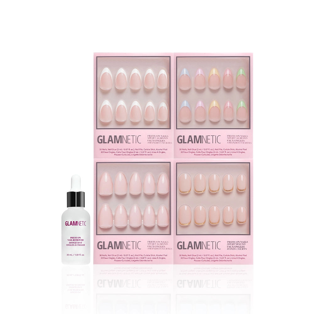 Four pink "Nail Obsessed" press-on nail sets by glamnetic, with French tip and short almond styles, are arranged in a square above a white bottle of glamnetic press-on nail remover with a dropper cap. - Product image