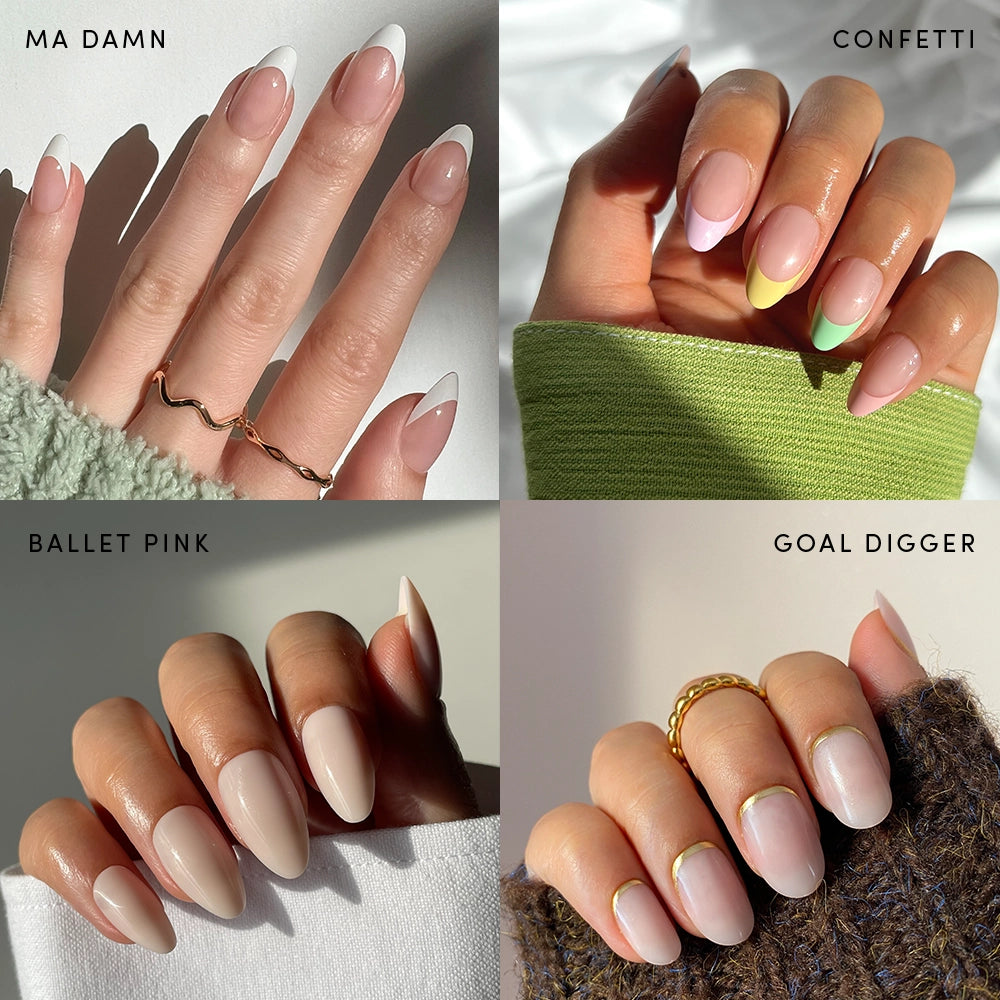 A collage of four manicured hands wearing glamnetic Nail Obsessed press-ons: MA DAMN (French tips), CONFETTI (pastel tips), BALLET PINK (nude pink), and GOAL DIGGER (short almond with gold), each labeled in the corner. - Product image
