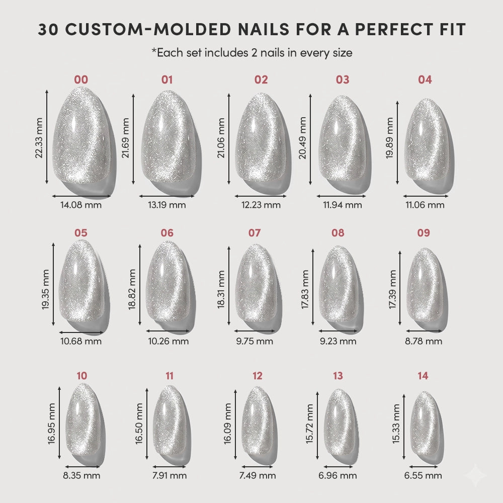 Image of glamnetic Oslo: 15 pairs (30 total) of short almond press-on nails, each custom-molded and numbered in millimeters. All nails are vegan, cruelty-free, with 2 of each size included. - Product image