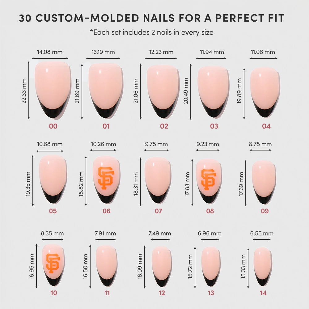 Chart displaying 15 sizes of glamnetic’s San Francisco Giants Press-On Nail Set, each labeled with width and length in millimeters. Some nails have orange Giants-inspired designs; others are plain. Sizes arranged in rows. - Product image