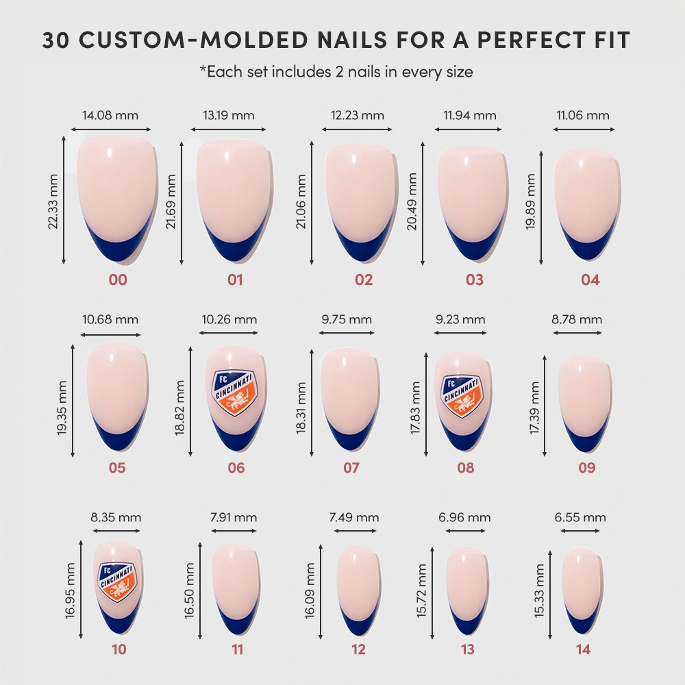 Chart displaying 15 sizes of glamnetic FC Cincinnati Press-On Nail Set, each almond nail labeled with width and length in millimeters and featuring a bold blue French tip design. All nails are custom-molded vegan press-ons. - Product image